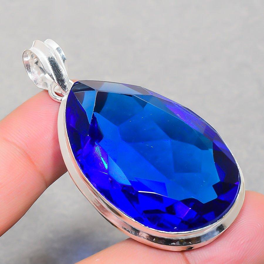 Lab Created Tanzanite Quartz Pendant 1.9" Silver Tone Pear Cut Gemstone Jewelry