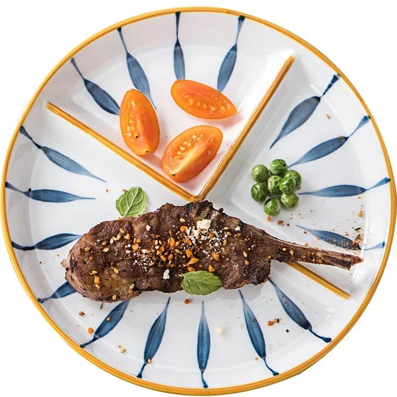 Семейная тарелка для завтрака на 1 персону, жиросжигающие, количественные разделительные тарелки, керамическая обеденная тарелка, нарисованная вручную, три решетки