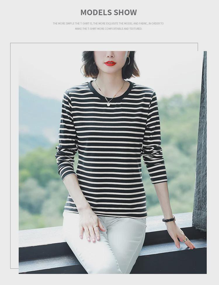 Футболка большого размера из хлопка в полоску с длинным рукавом для женщин на осень