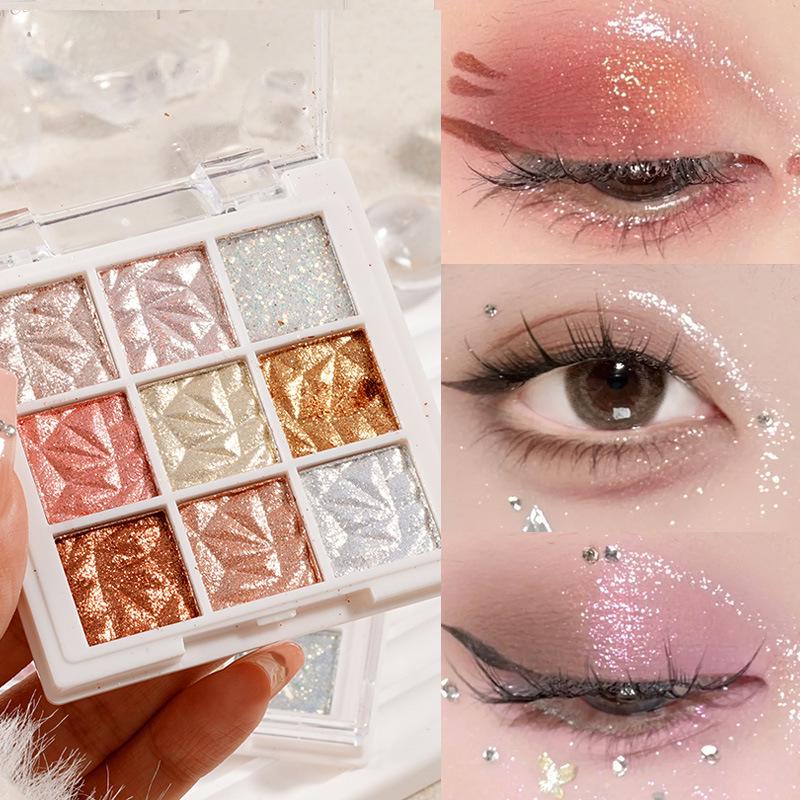 9-Color Earth Tone Eyeshadow Palette: High-Gloss, Fine Glitter, Pearlescent, Matte Finishes with a Nine-Square Grid.