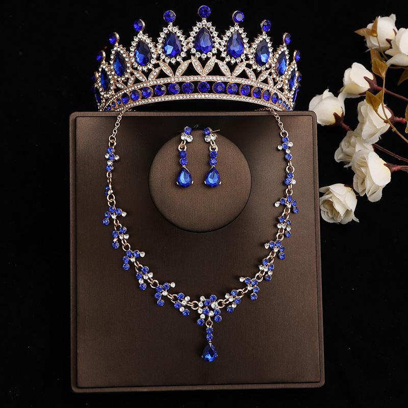 DIEZI Baroque Bridal Rhinestone Crown Tiaras For Women Wedding Princess Queen Blue Crystal Tiaras Necklace Earrings Jewelry Sets