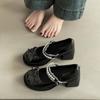 Bow Pearl One-word Small Leather Shoes Women's New High Heels Women's Shoes Thick Sole Heightened Thick Heel Single Shoes