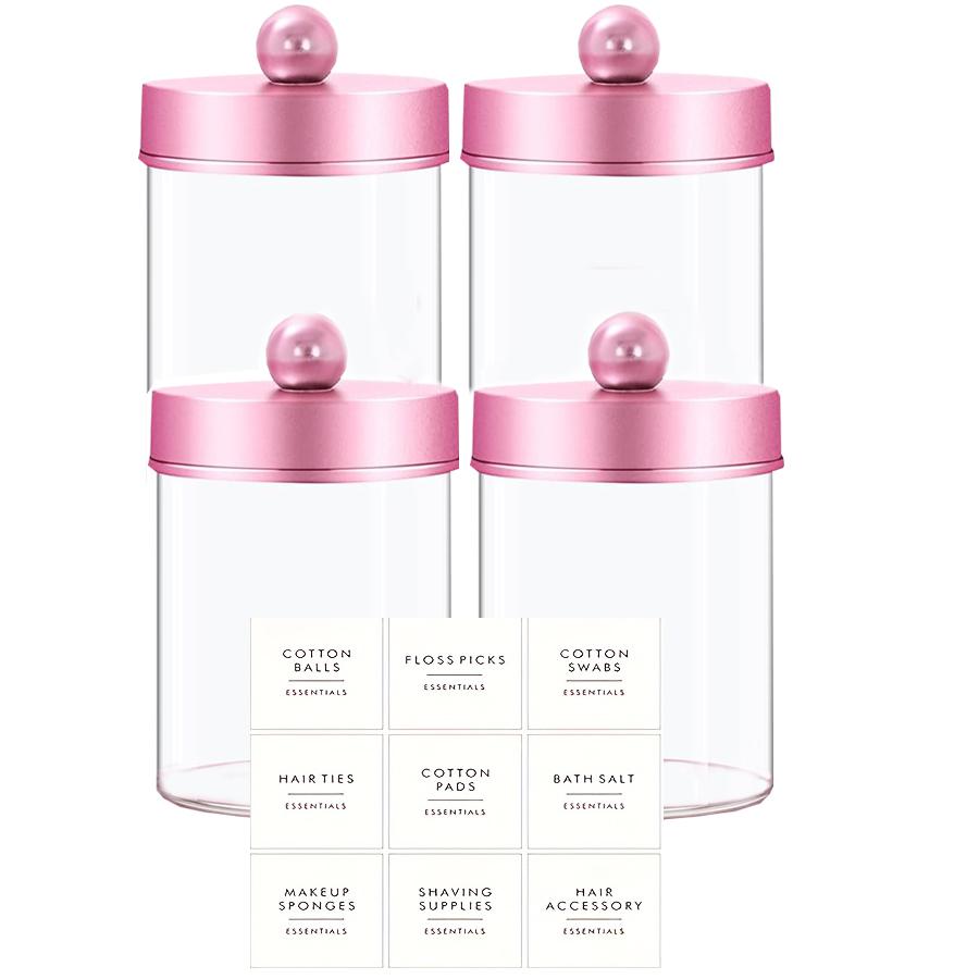 3/4/6 Pack Clear Storage Box Canister Qtip Holder Apothecary Jars with Pink Lids, Bathroom Organizers for Cotton Balls,Swabs