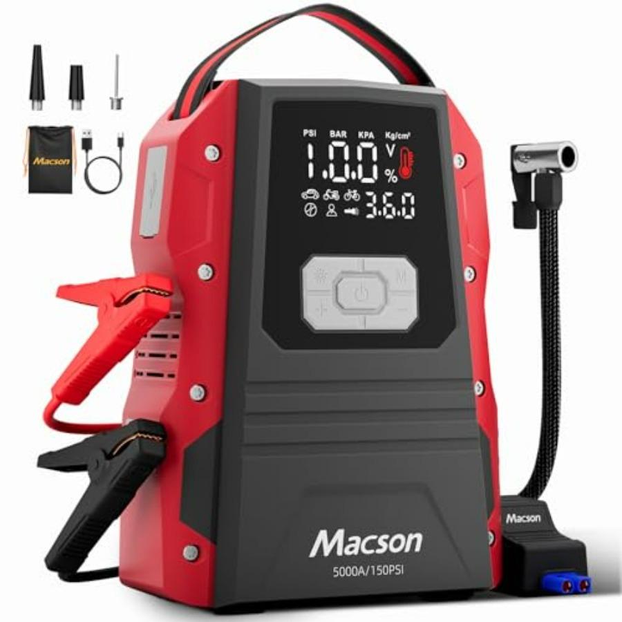 5000A Jump Starter with Air Compressor - Portable 12V Jump Box Battery Pack for 9.0L Gas/8.0L Diesel Engines Car Jumper Starter