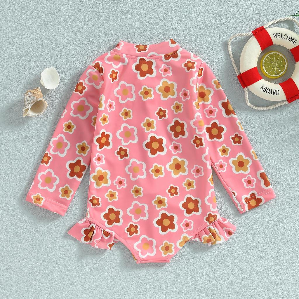 Детские купальники для маленьких девочек, 12 месяцев, 18 месяцев, 24 месяца, 3 года, 4 года, 5 лет, летние комбинезоны с длинными рукавами и оборками на молнии с цветочным принтом, купальники, пляжная одежда, купальные костюмы