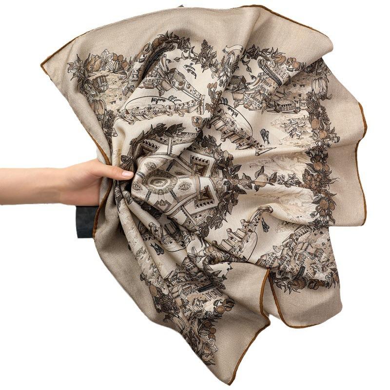Spring New Fashion Versatile Silk Wool Scarf Light Luxury Premium Silk Shawl Herringbone Printed Silk Scarf