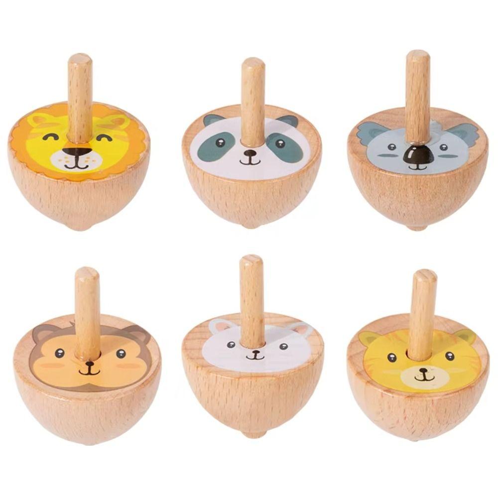 6piece/set Natural Wood Rotating Gyro Toy Cartoon Animal Wooden Gyro Set Children