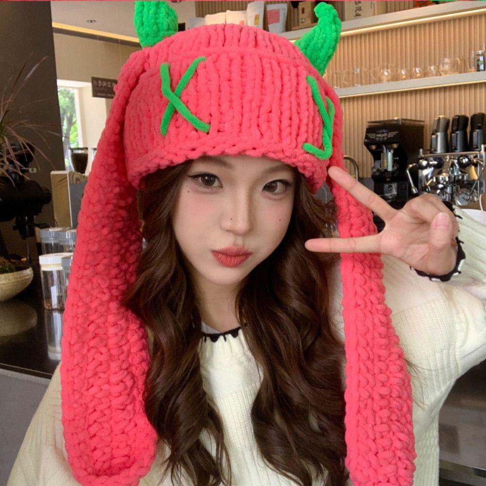 Soft Warm Little Devil Long Ears Cap Elastic Knit Warm Windproof Cap Cold Weather Wear