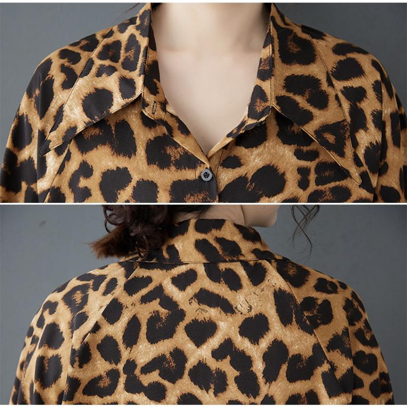 DIMANAF 2025 Женская Летняя Рубашка Блузка Большого Размера Длинный Рукав Пуговицы Мода Леопардовые Топы Футболки Свободная Новая Блузка