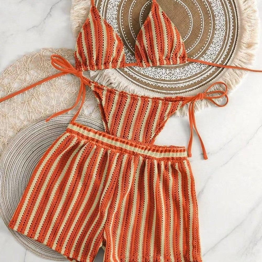 Stripes 3 in 1 Swimwear Set Lace Up Knitting Swimsuit Casual Bikini Bathing Suit  Beach