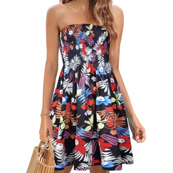 Женское летнее платье с открытыми плечами бандо без рукавов с открытой спиной в богемном стиле с цветочным принтом трапециевидной формы с эластичным бюстом длиной до колена пляжное платье для отдыха