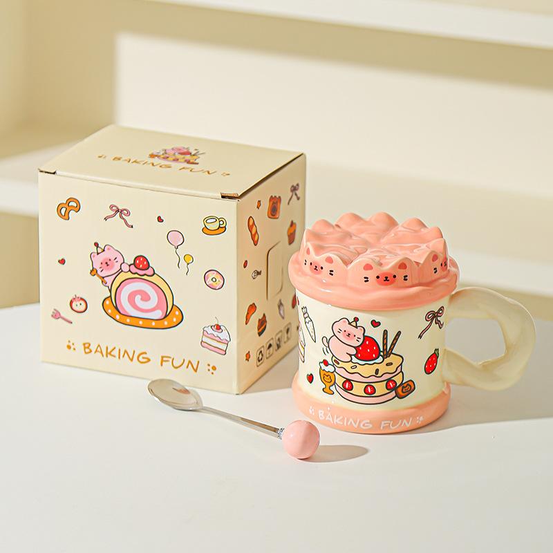 Нарисованная от руки кружка с милым котом «Торт на день рождения», офисная кружка для воды для высокой девушки с крышкой, домашняя парная керамическая кружка