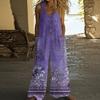 Women's Fashionable Casual Button-down Sleeveless Jumpsuit, Retro Floral Printed Cotton Pocket Jumpsuit