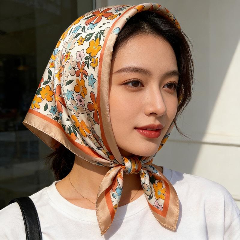 Silky Square Scarf Floral Print Headscarf Neck Scarf Bandana For Women Fashion Travel Daily Use