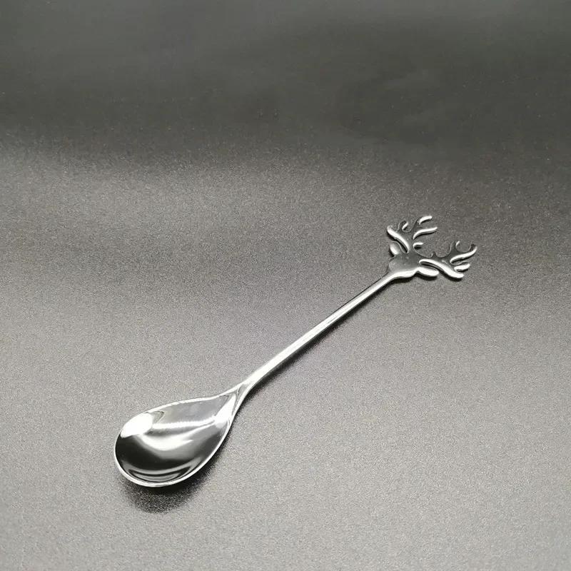 Antlers Shape Spoon Stainless Steel Coffee Dessert Spoon Ice Christmas Antlers Tea Tiny Stirring Tool Accessories