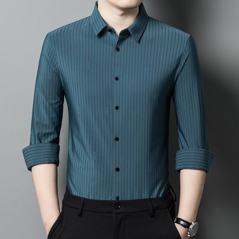 Spring and Autumn New Style Middle-aged Striped No-iron Shirt Men's Long-sleeved Thin Ice Silk Nylon Seamless Shirt Men's Clothing