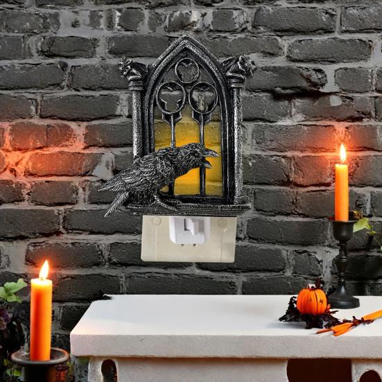 Halloween Crow Night Light Gothic Raven Birds On Church Arch Wall Sconce Light for Halloween Bedside Bedroom Living Room Decor