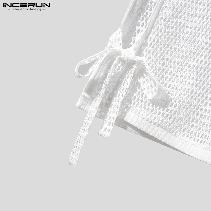 INCERUN Summer Men Sleeveless Split Lace Up Vest See Through Tank Tops