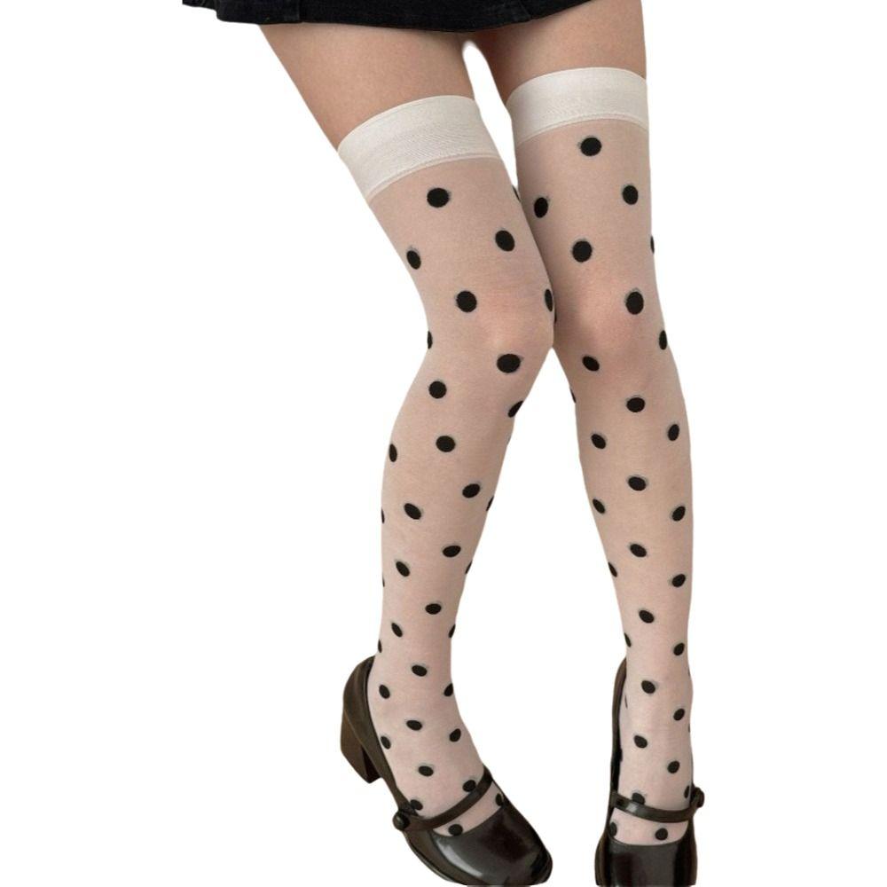 Polka Dots Thigh High Stockings White Overknee Socks Japanese Style Suspender Stockings Women's