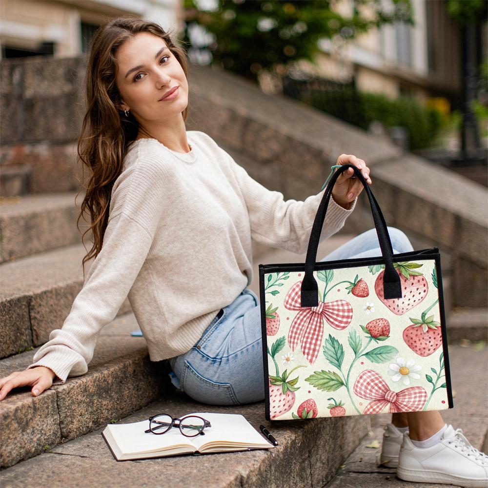 Cute Strawberry Bow Pattern Tote Bag Portable Casual Daily Shoulder Handbag for Women Outdoor Shopping Travel Use