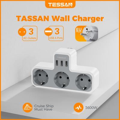 Tessan Несколько настенных розеток с 3 розетками переменного тока и 3 портами USB, USB-адаптером 6 в 1 с защитой от перегрузки для смартфона, планшета