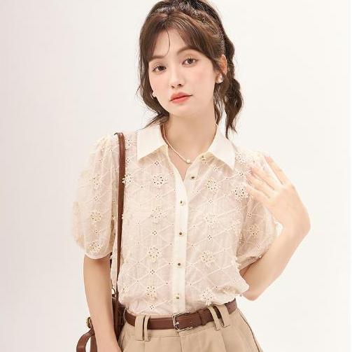 Mishow Women's Blouse 2023 Summer New French Style V-neck Hollow Out Puff Sleeves Fabric Composition Elegant Tops MXC38C0057
