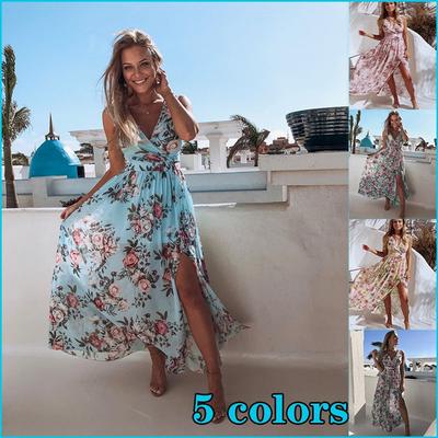 Женское платье в стиле бохо, длинная юбка с цветочным принтом и глубоким V-образным вырезом, летнее пляжное вечернее платье, сарафан без рукавов, длинное платье с разрезом