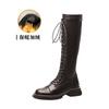 New Spot Amber Streamer Wind But Knee Knight Boots Thick Sole Thick Heel Boots Rear Zipper Round Head Lace-up High