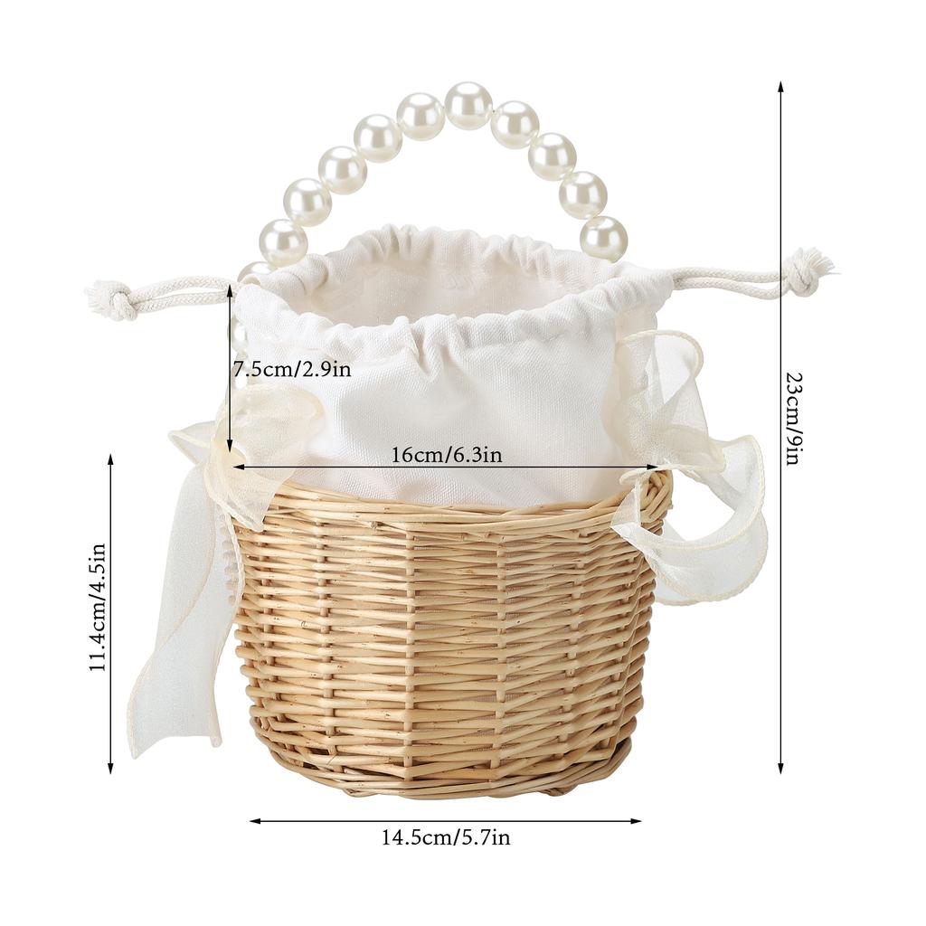 2pcs Pearl Carrying Basket Brown Rattan Small Pearl Handle Flower Basket for Wedding Gift Packaging