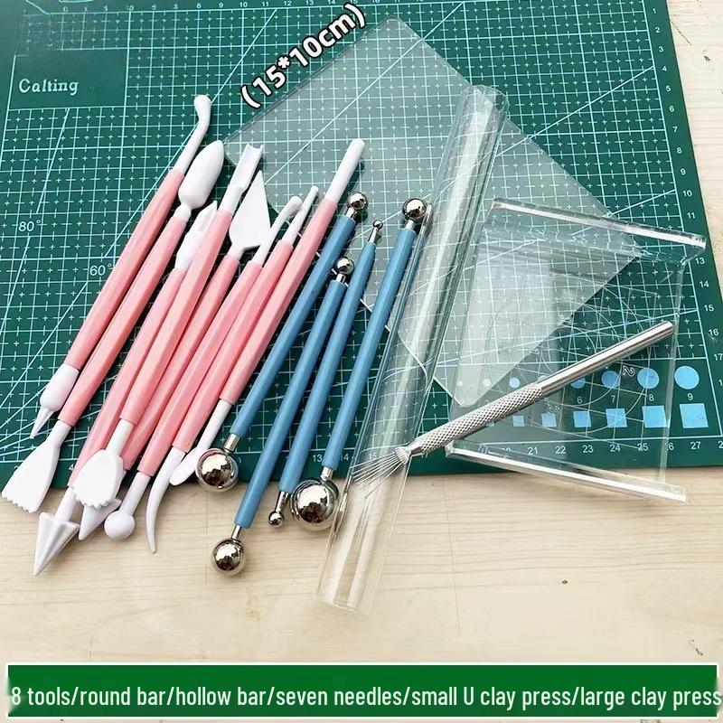 Набор инструментов для лепки из сверхлегкой глины: Нож, доска для прессования, скалка и набор игл для изготовления фигурок из полимерной глины своими руками.