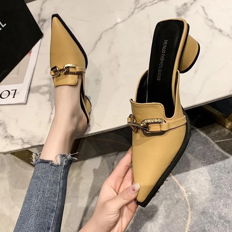 Fashion New Summer Luxury Women Black High Heels Slippers Close Toe Block Heels Mules Designer Slip On Loafers Slides Party Shoes