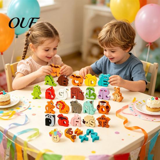 Animal Themed Letter Blocks Alphabet Puzzle Matching Game, Wooden Block, ABC Preschool Learning Toy for Toddlers Boys Girls Identification Toys
