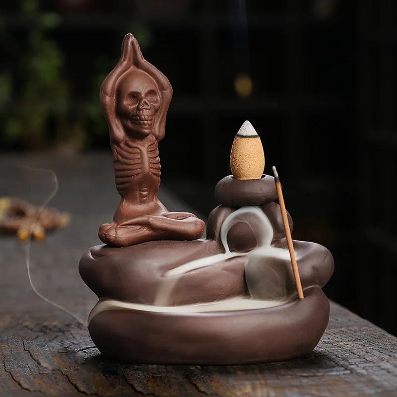 Halloween Ornament Skull Backflow Incense Burner Purple Clay Incense Stick Holder, Aromatherapy Home Decor Censer (No Incense)