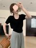 2025 Spring Korean-Style Casual U-Neck Short-Sleeve Knit Top - Solid Color