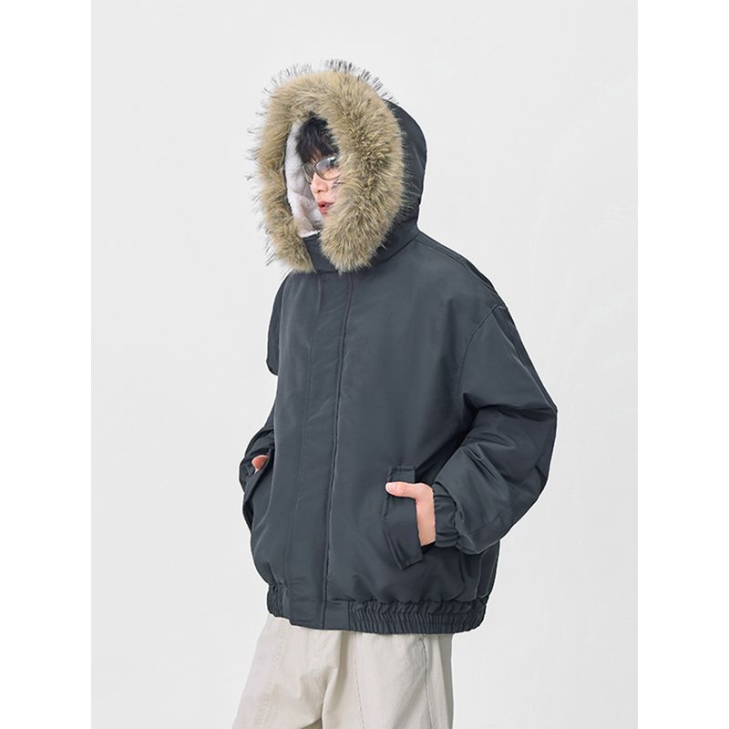 51 Hip-Hop American Retro Lazy Style Large Fur Collar Workwear Cotton Jacket for Men, Winter Thickened Warm Loose Cotton Coat