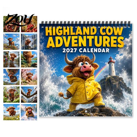 Large Grid Appointment Book 2027 Highland Cow Wall Calendar, 12-Month Adventure Themed Planner with Spiral Cute Illustration Stationery Binding, Thick