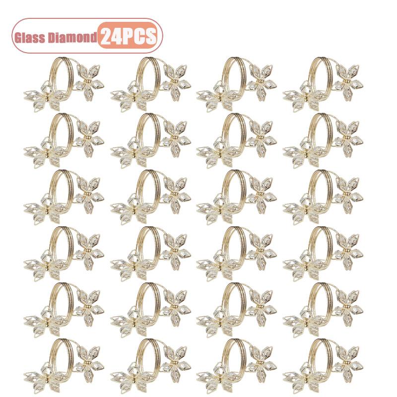 1-24PCS Crystal Napkin Rings 5 Petal Rhinestone Shiny Sparkling Table Decor for Hotel Wedding Banquet Dinner Party Home