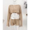 Сексуальный пляжный укороченный топ и шорты, комплекты женщин, вязаный женский костюм с длинными рукавами на шнуровке, летний праздник, прозрачный комплект из 2 предметов, женский комплект