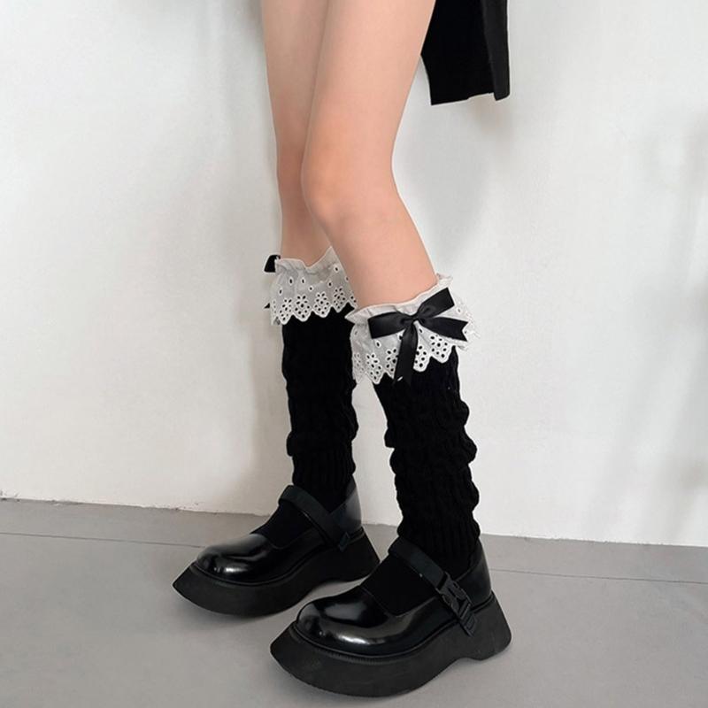 Women Autumn Ruffled Lace Bowknot Leg Warmers Japanese Lolita Twist Cable Knitted Foot Covers Student Stretch Calf Socks