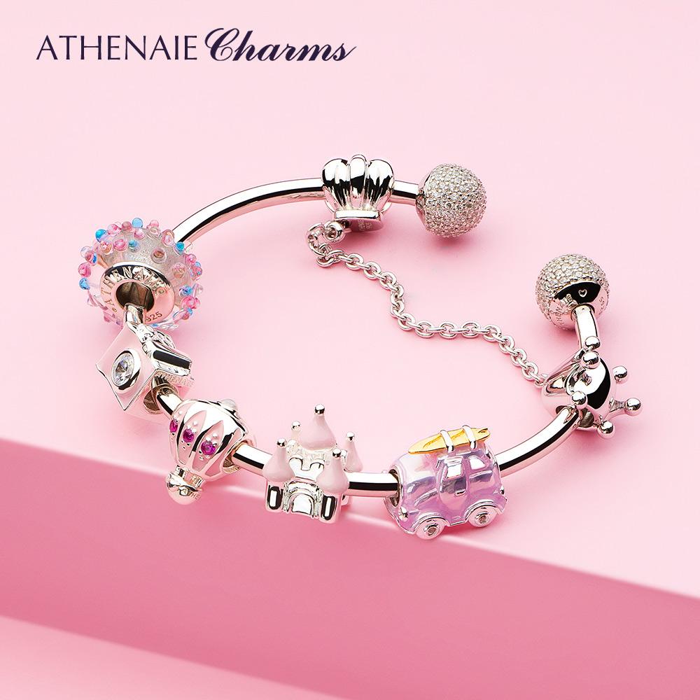 ATHENAIE 925 Silver Pink Enamel Vintage Fairy Tale Castle Charms Bracelet For Women Birthday Valentine Day Gift