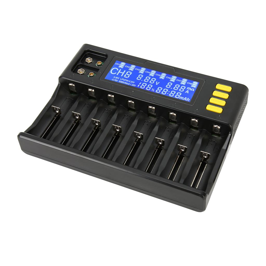 8 Slot Lithium Battery Charger with Car Adapter LCD Screen for Li Ion IMR ICR NiMH Cd 18650 21700