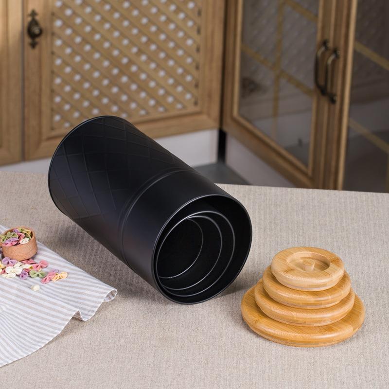 Set Bamboo cover storage bucket Food grade storage box Kitchen coffee tea bag Candy reticulated metal sealed jar