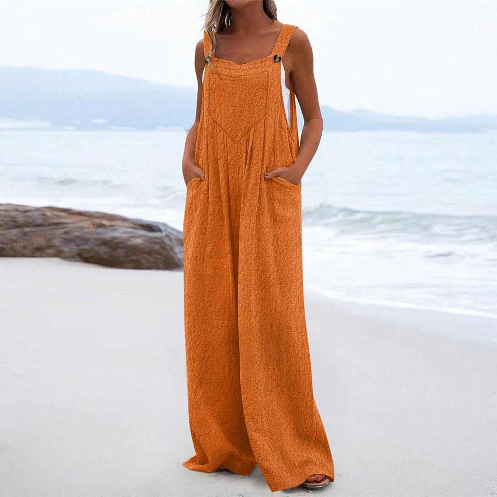 Women's Fashion Casual Loose Pocket Flannel Solid Color Jumpsuit