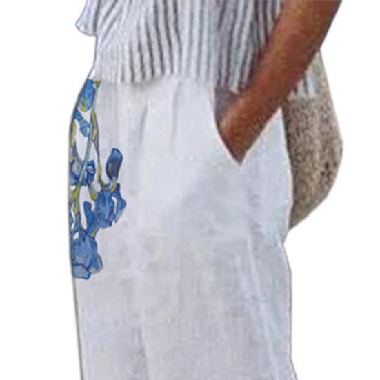 Pockets Bottoms Attractive Floral Print Simple White Pants Women Trousers