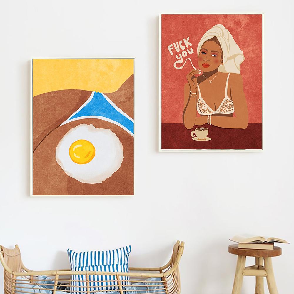 Ретро Всегда Цветы Настенная Печать Цветной Банан Горячая Яичница Иллюстрация Абстрактный Плакат Ешь Спагетти Кухня Картина На Холсте