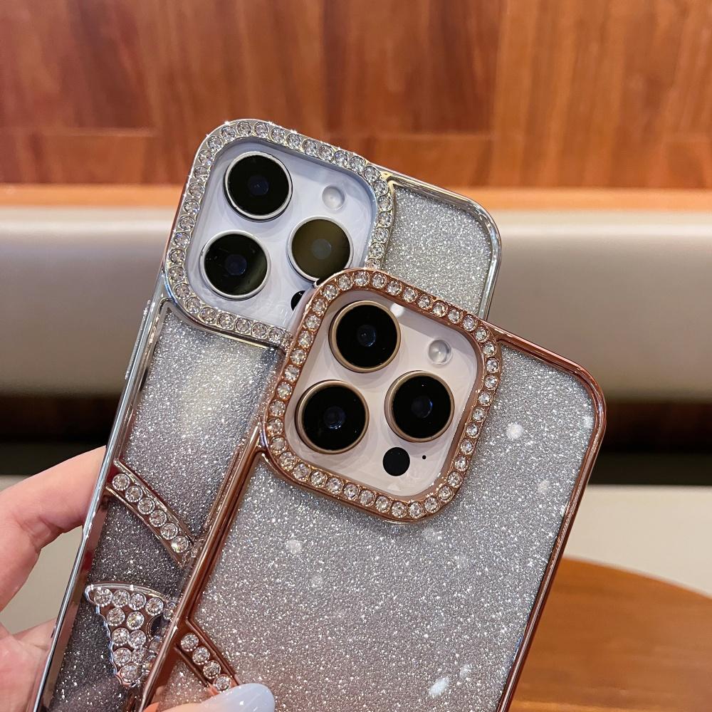 For iPhone 16 Pro Max Rhinestone Butterfly Cover For iPhone 11 12 13 14 15 Plus Gradient Color Flash Electroplated Luxury Shell