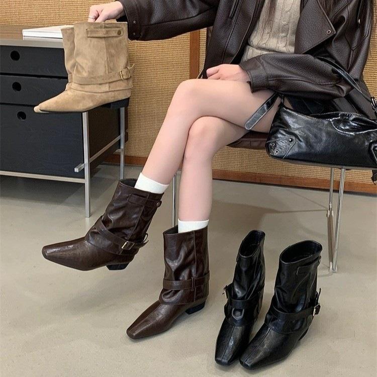 Tide pointed retro belt wind pants tube soft leather short boots temperament buckle boots women's medium tube wasteland knight boots new