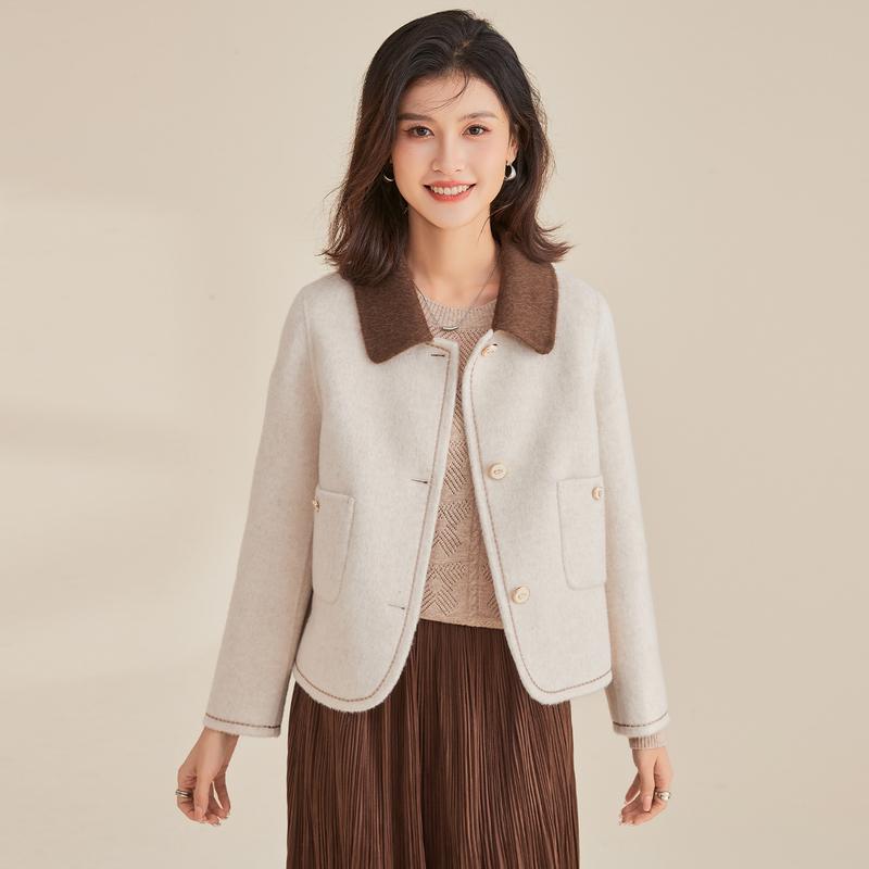 [Sheep Wool Coat] Short Color blocked Double sided Woolen Coat for Women Autumn/Winter, Flip Collar cardigan with Side Pockets