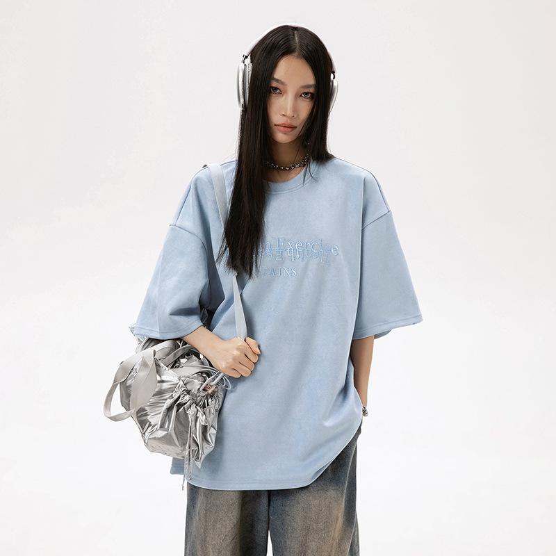 Замшевая футболка в стиле ретро с короткими рукавами для мужчин и женщин, весенне-летняя модная футболка с вышивкой в ​​американском стиле High Street