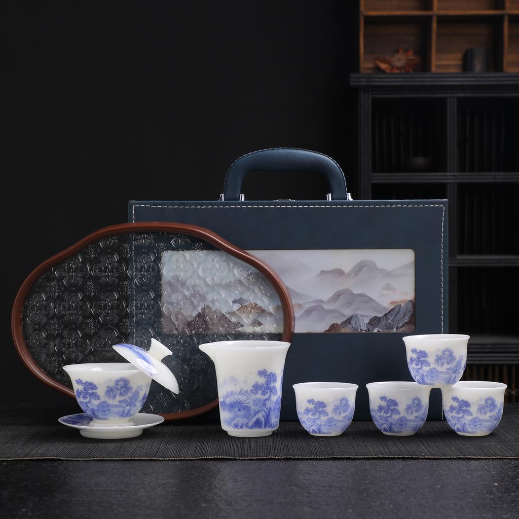 High-end painted blue and white ice jade landscape kung fu tea set travel portable tea tray gift box